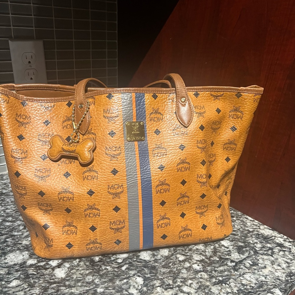 MCM Tan and Gray cognac Tote Bag